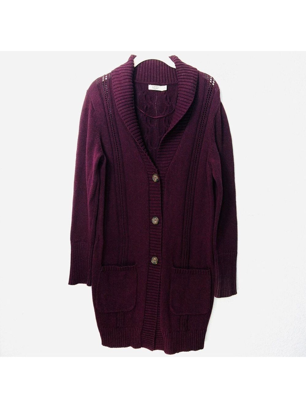 UGG Dark Plum Knit Long Cardigan M/L Pointelle Sweater Dark Academia, Vampi - Picture 9 of 11